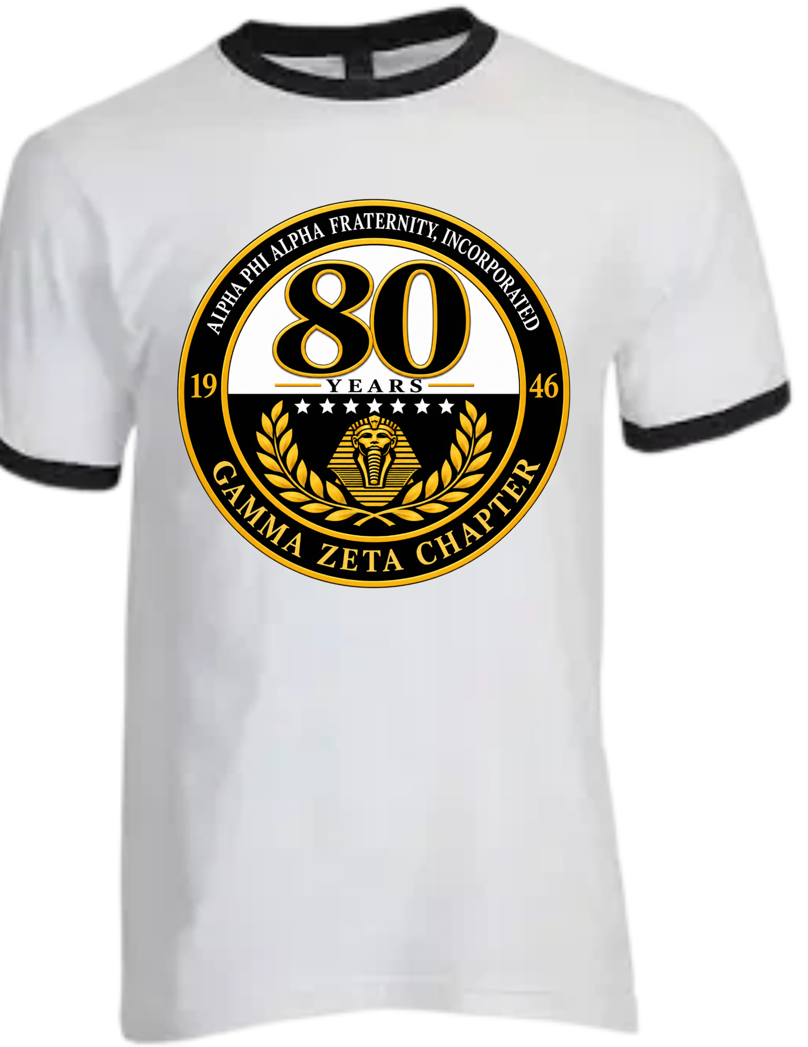 White ringer T-shirt with black trim featuring the black and gold Gamma Zeta Chapter 80 Years seal, 1946, with a sphinx and laurel wreath